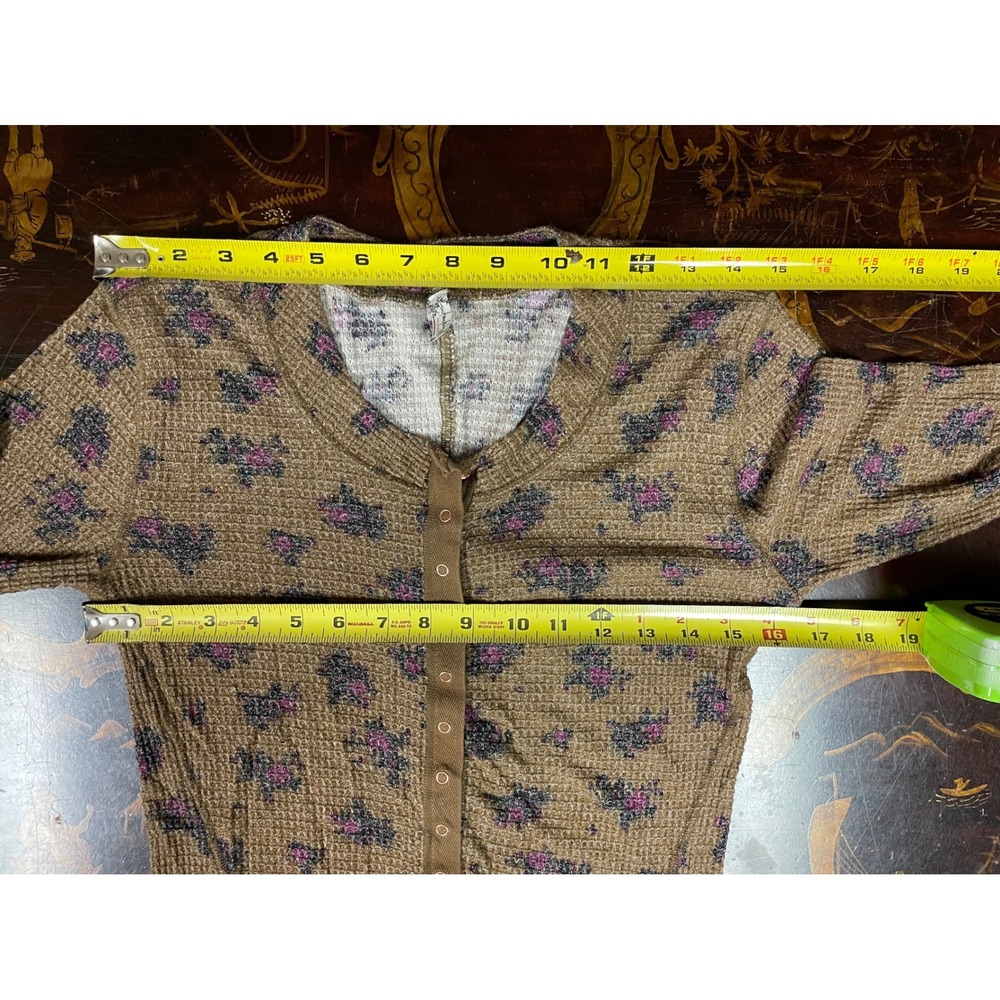 Intimately Free People Brown Floral Waffle Knit Snap Front Thermal Shirt Y2K XL - Picture 5 of 13
